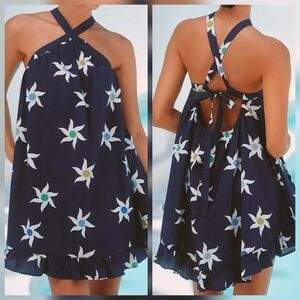 Celandine x Anthropologie Halter Ruffle-Hem Babydoll Mini Dress, Navy, Large